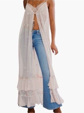 Free People Sheer Sequin Mesh Maxi Nightgown Dress Pink L NWT
